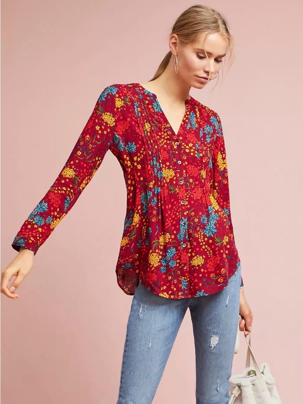 Anthropologie Maeve Red Floral Pintuck Pleat Button Down Blouse Small - EUC